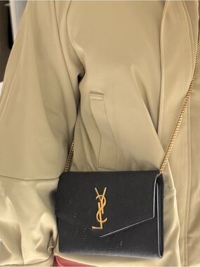 Yves Saint Laurent Black Crossbody Wallet with Gold YSL Logo